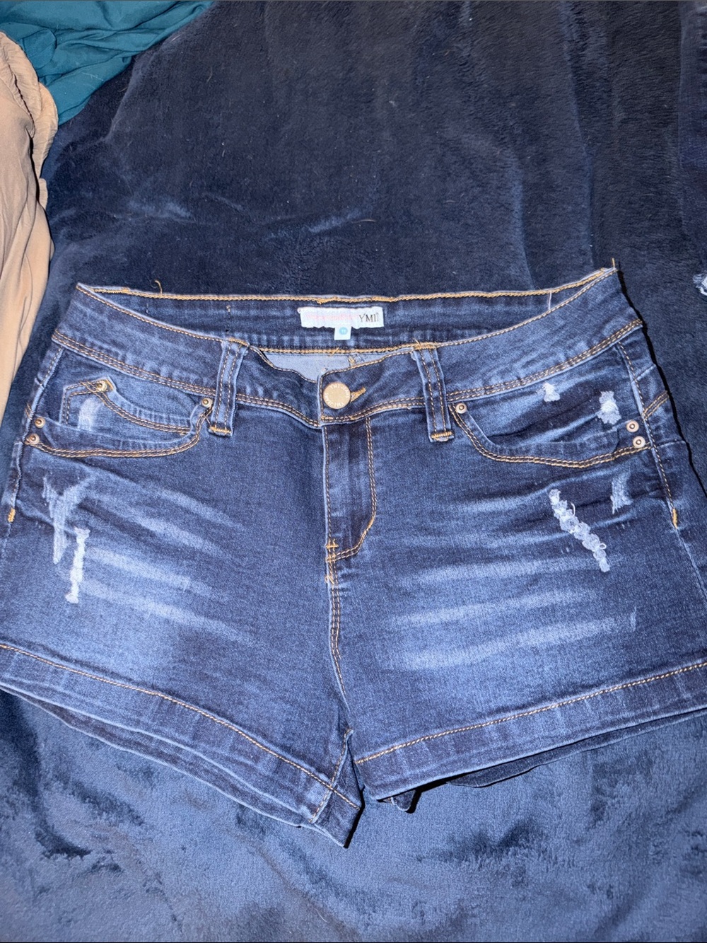 YMI Dark Blue High-Rise Denim Shorts with Contrast Stitching